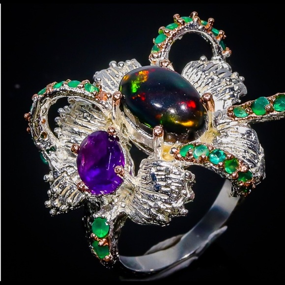 Artist created, stamped 925 Jewelry - Glamorous Ethiopian Black Opal Ring